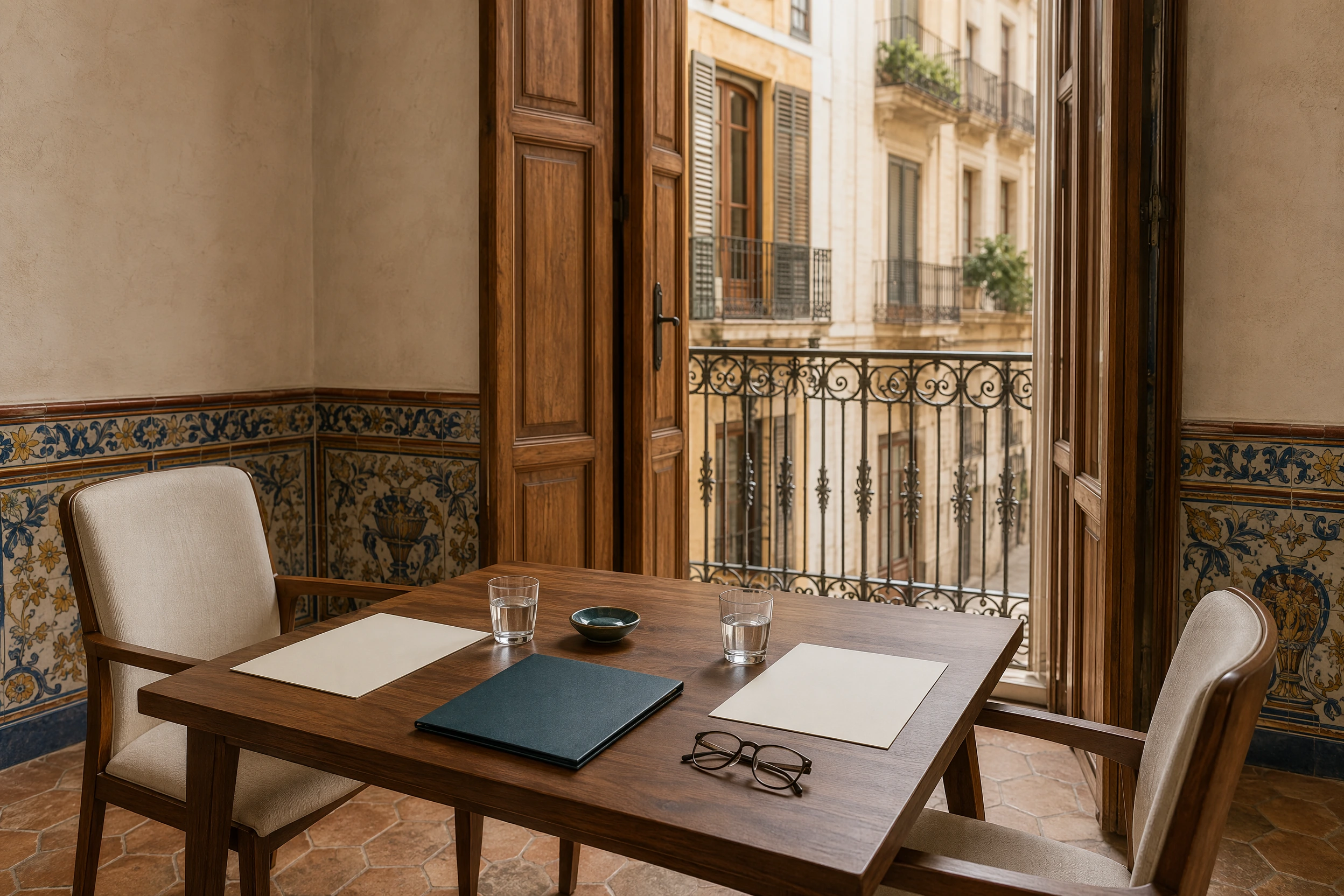 A two-chair advisory table set with two blank sheets, a deep teal folder, glasses and water, framed by Manises-style tiles and a Ciutat Vella balcony view