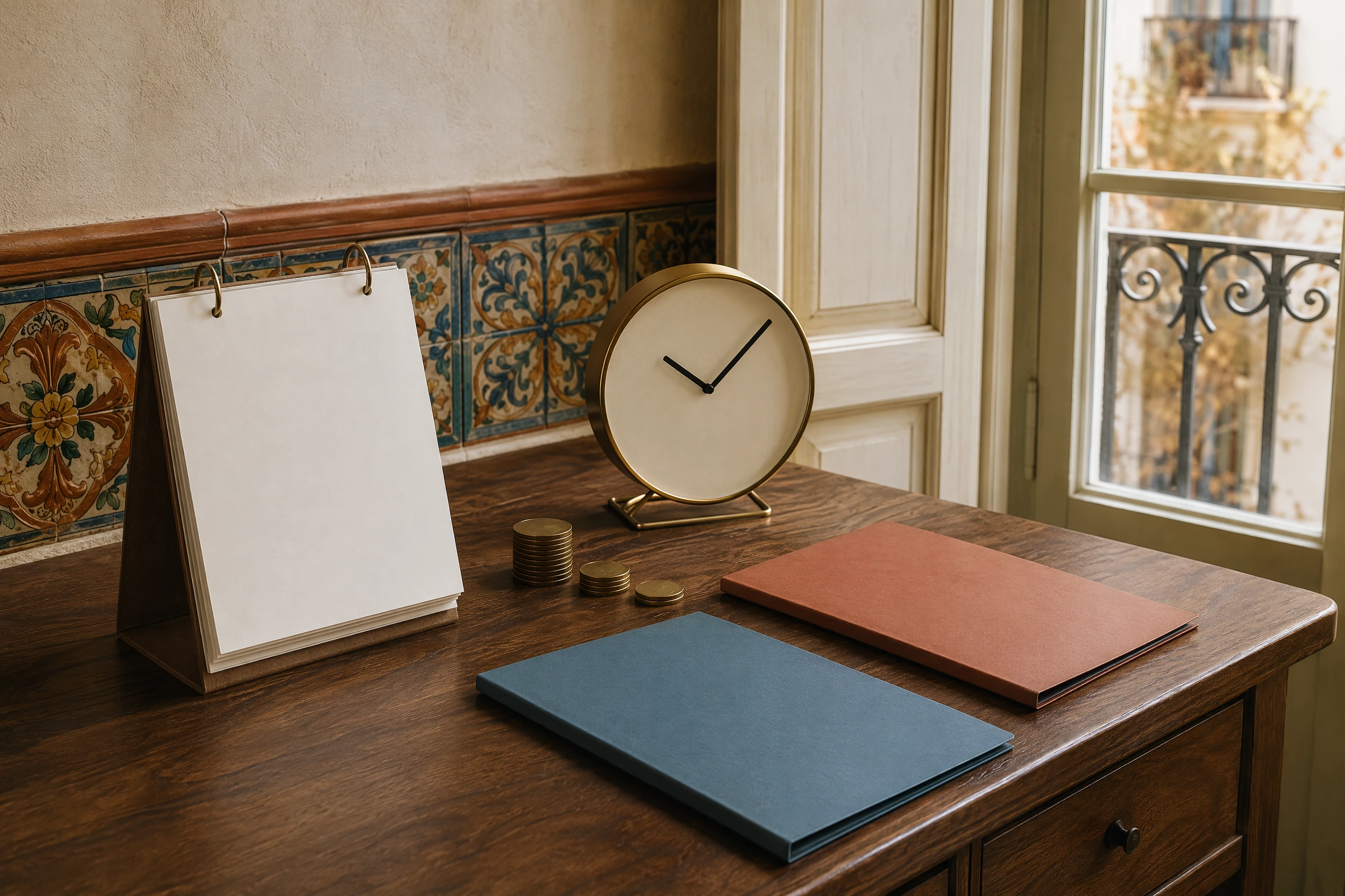 A blank calendar, an unmarked analog clock and plain metal saving discs beside two closed folders in a Valencia home office with traditional ceramic tiles