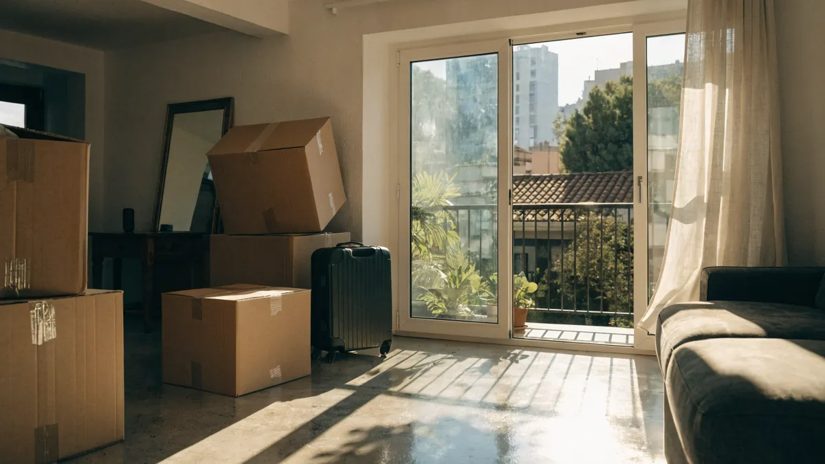 Moving boxes and a suitcase in a bright Valencia apartment with balcony light