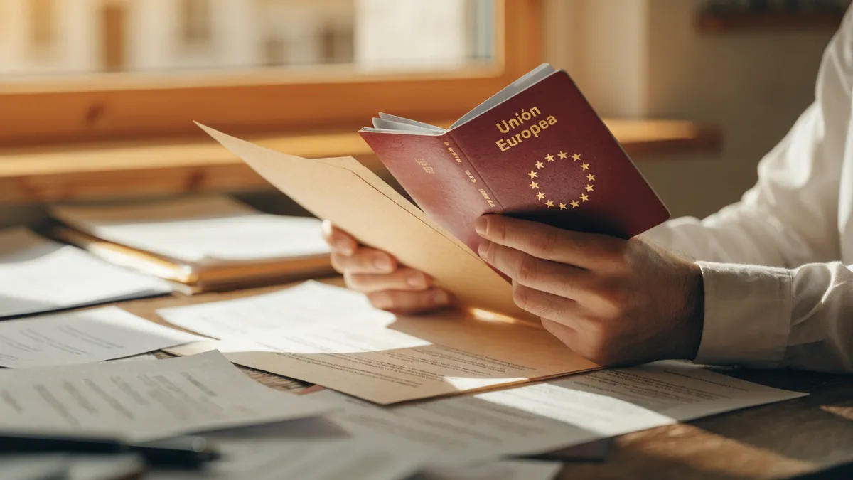 Organizing Spanish residency paperwork and a passport at a desk