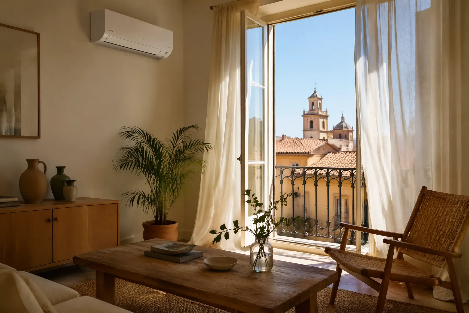 A wall-mounted air conditioning unit cooling a bright living room in a Valencia apartment