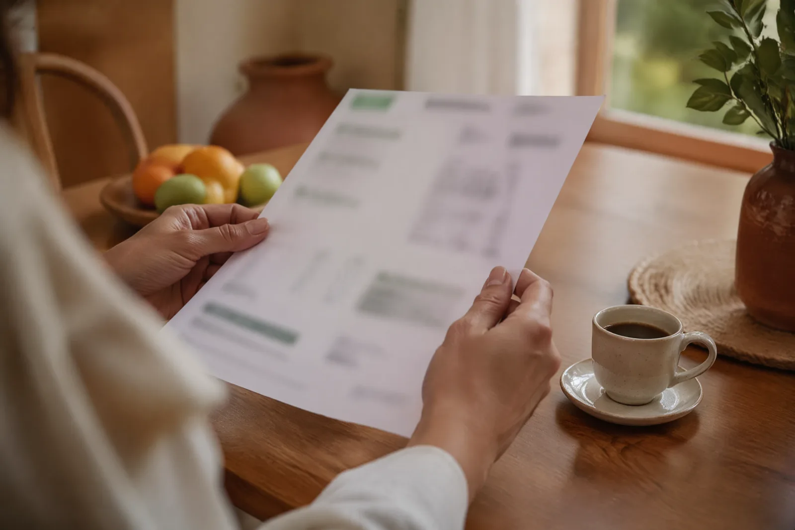 Close-up of a Spanish electricity bill (factura de la luz) being reviewed at a kitchen table in Valencia
