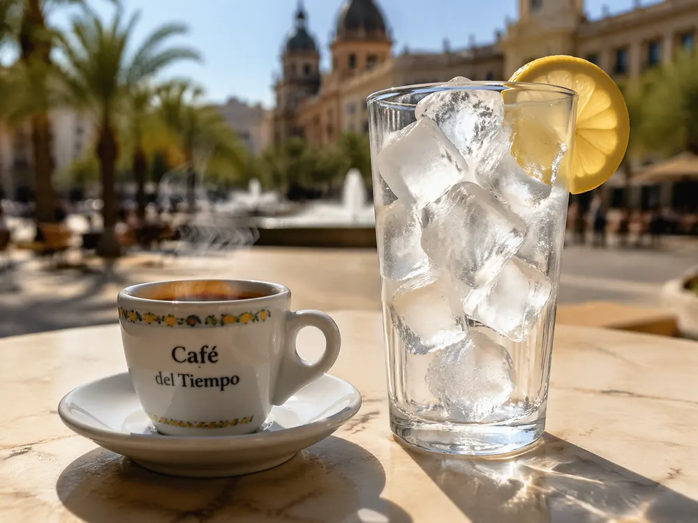 Café del tiempo: een warme espresso met een glas ijs en citroen op een zonnig terras in Valencia
