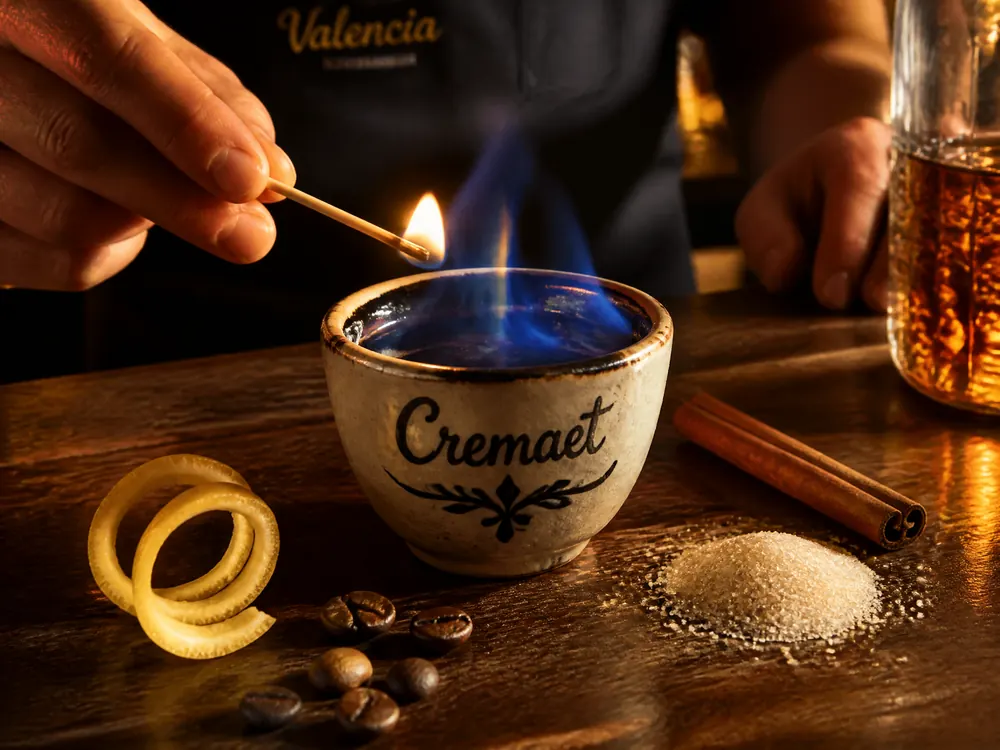 Cremaet, de geflambeerde Valenciaanse koffie met rum, suiker, kaneel en citroenschil