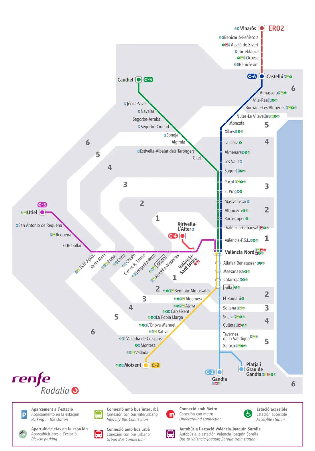 Le plan schématique du réseau Cercanías (Rodalia) de Valencia, avec ses lignes vers Sagunto, Gandia et Xàtiva