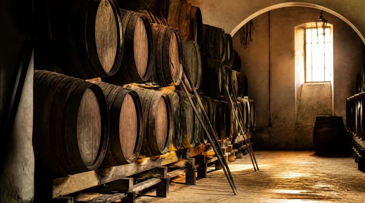 Système de solera traditionnel pour le Fondillon, fûts de chêne empilés dans une cave méditerranéenne d'Alicante