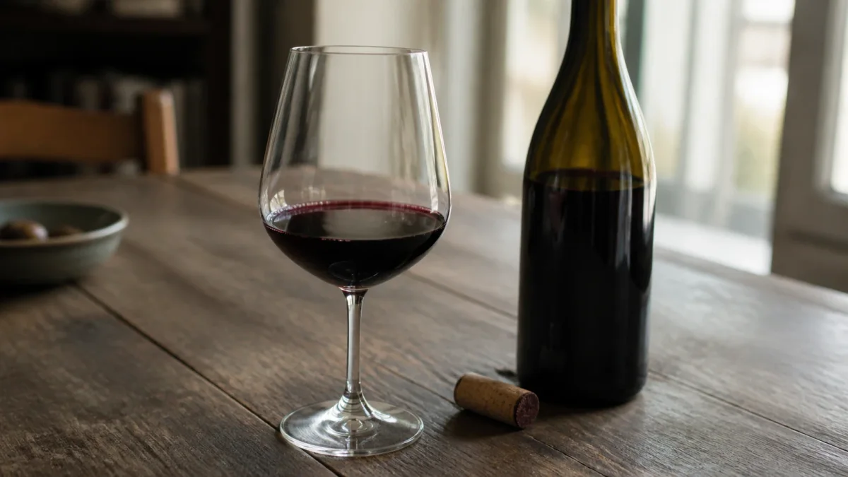 Glass of everyday Bobal wine Valencia next to an uncorked bottle, an affordable Bobal grape red