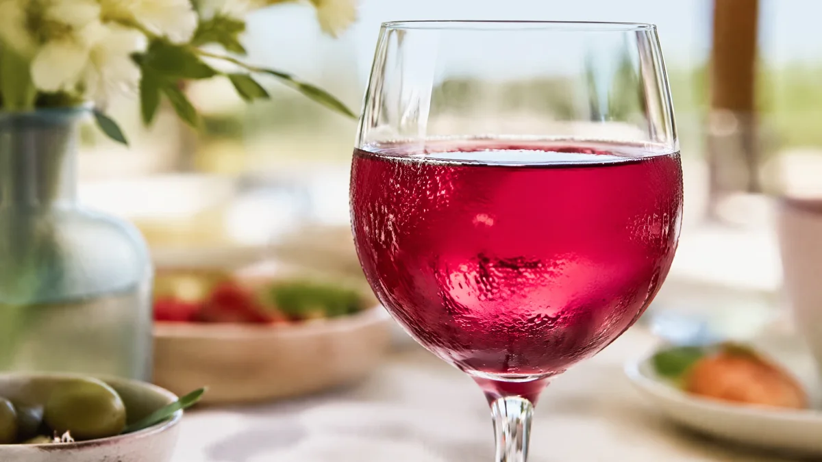 Glass of Bobal rosado wine Valencia catching the light, a fresh Bobal grape rose