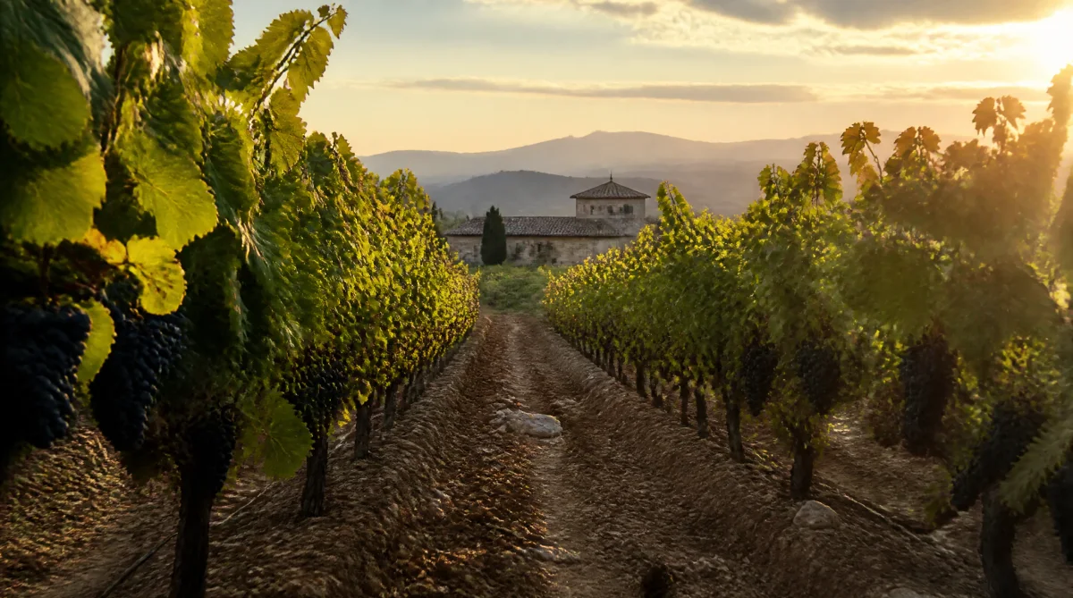 Wandeling door een Bobal-wijngaardrij bij zonsondergang tijdens een begeleide bodegatour in Utiel-Requena