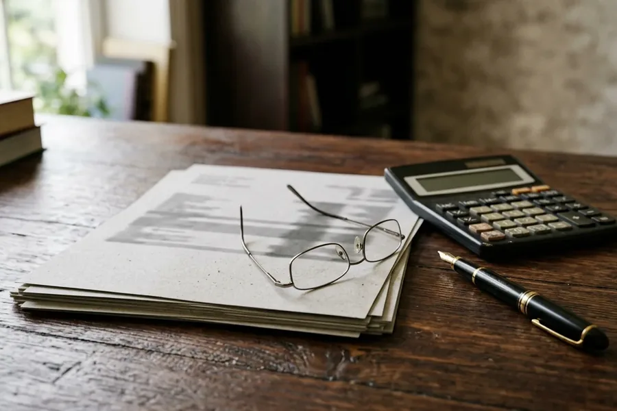 Reading glasses and a calculator on a stack of financial statements on a wooden desk