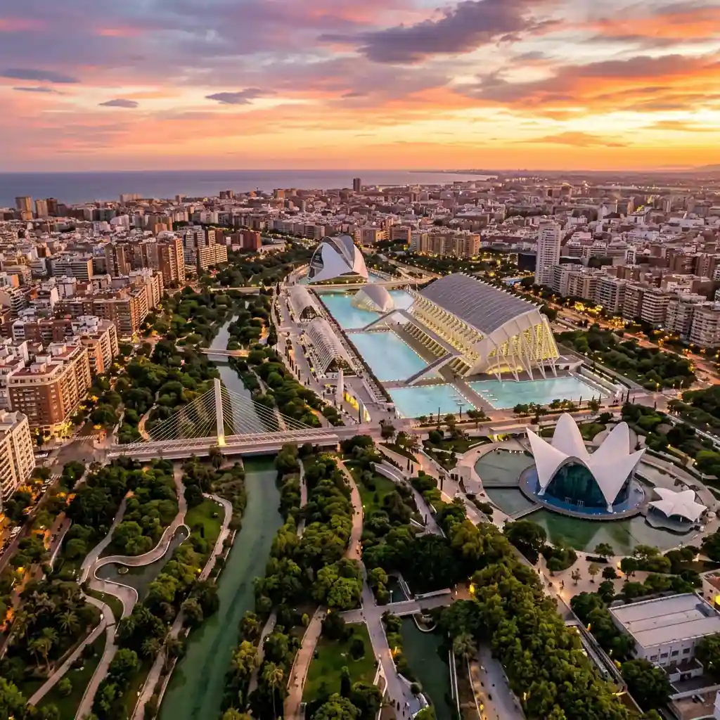 Valencia cityscape - the City of Arts and Sciences and Mediterranean coastline