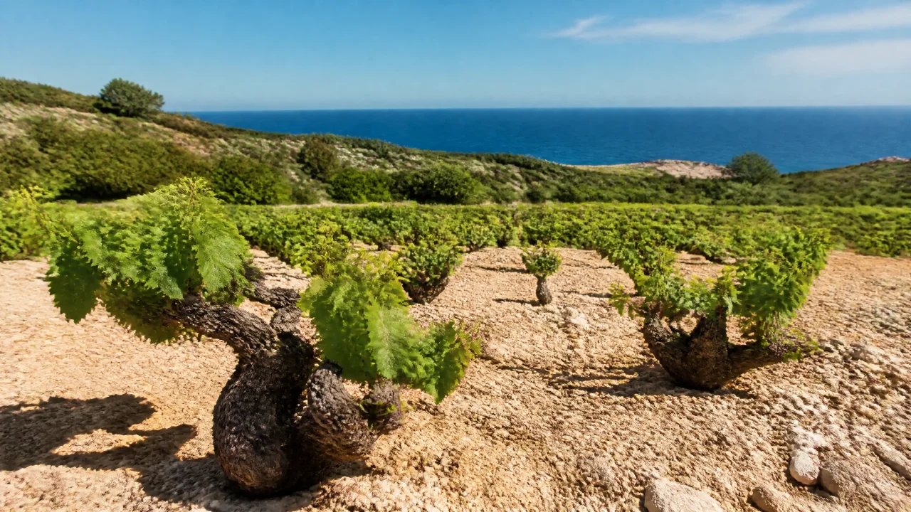 Vignoble méditerranéen ensoleillé avec de basses vignes de Monastrell près de la côte - excursion de vin à Alicante depuis Valencia