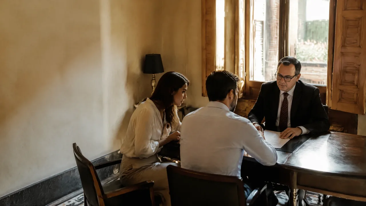 Interpreter sitting with a couple at a notary appointment in Valencia, documents on a dark wooden table