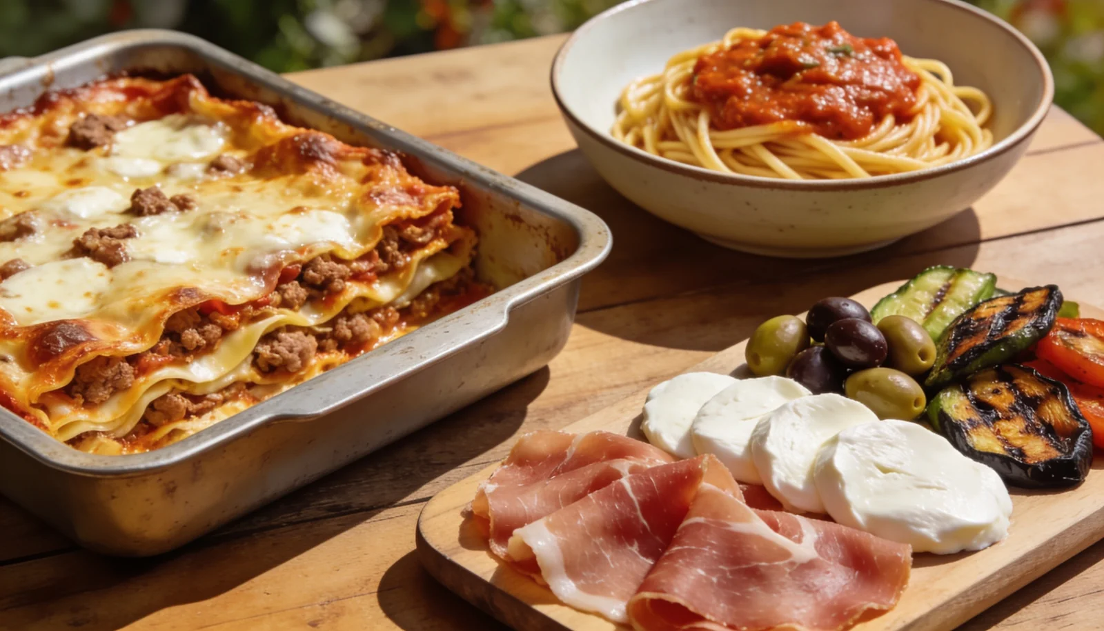 Fresh lasagna, pasta and an antipasti platter on a table, evoking an Italian private chef in Valencia