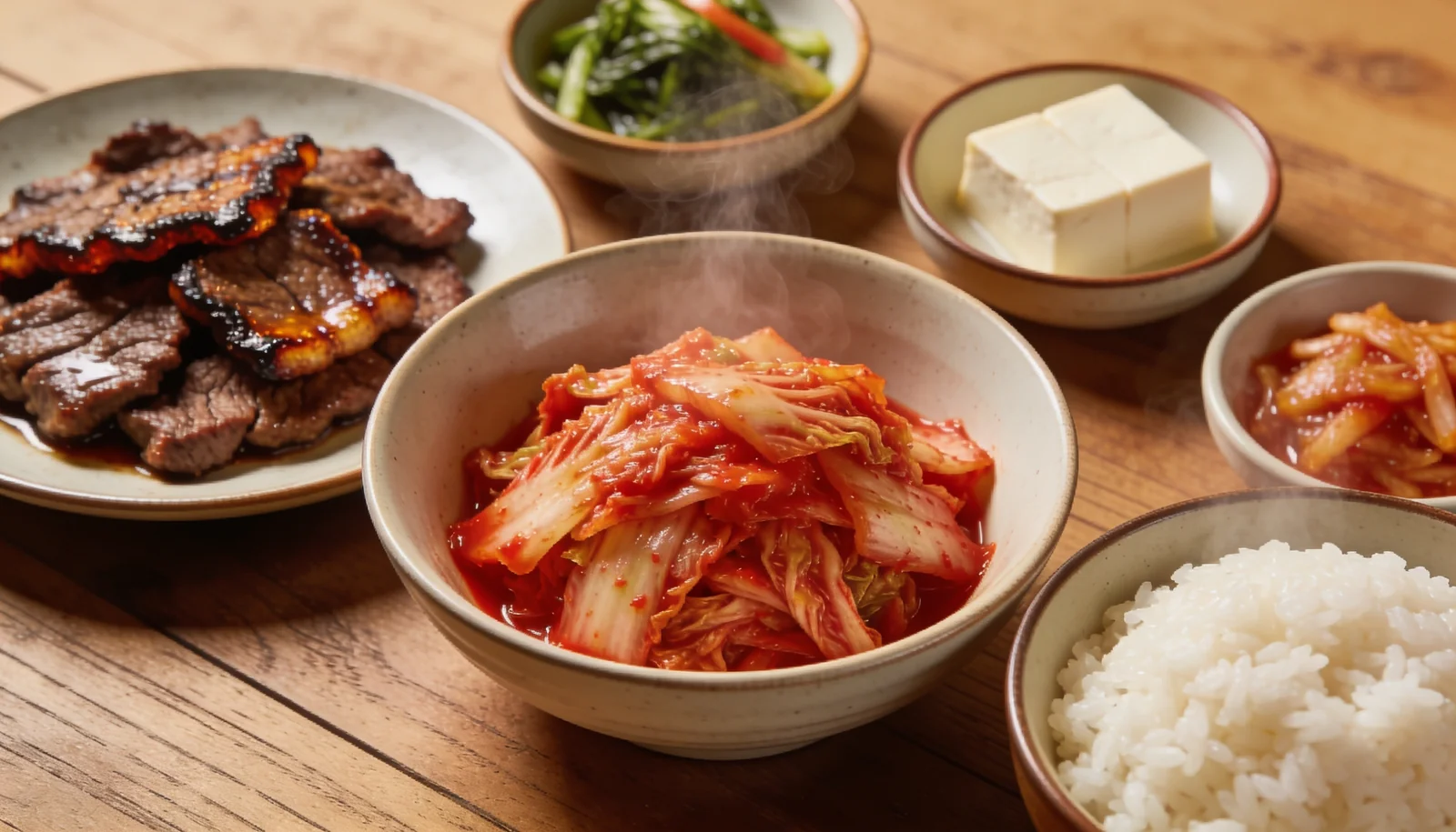 Un bol de kimchi frais accompagne de bulgogi et de riz, evoquant un chef prive coreen a Valencia