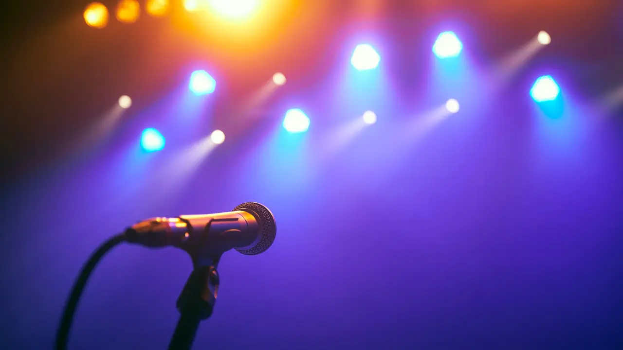 Un micrófono en un escenario de música en vivo iluminado por focos azules y ámbar