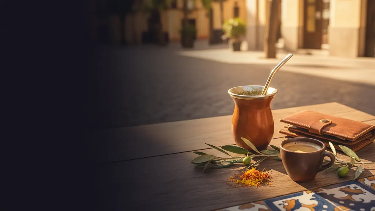 Hollowed gourd mate cup with a metal bombilla beside an espresso on a sunlit Valencia cafe table
