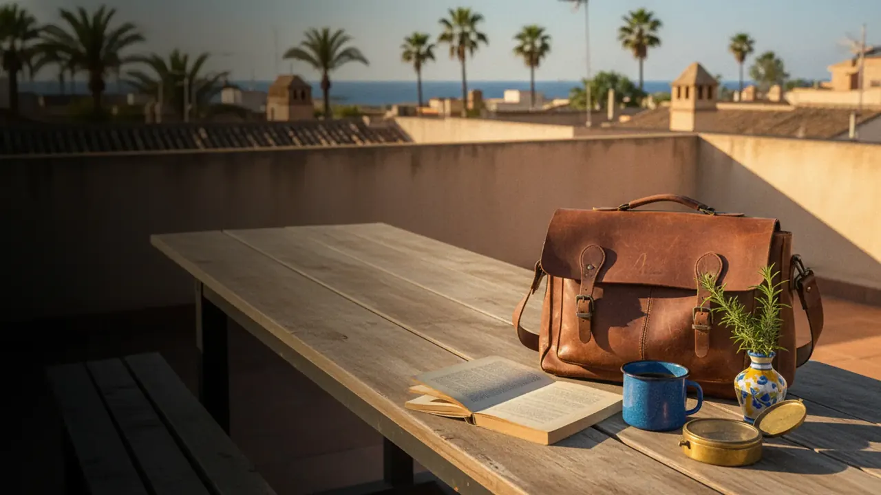 A sturdy German leather satchel on a sun-drenched Valencia rooftop terrace with an enamel coffee mug, paperback book, brass compass and rosemary sprig