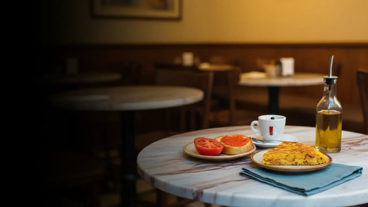 A small espresso, slice of Spanish tortilla and pan con tomate on a marble Valencia cafe table at midday