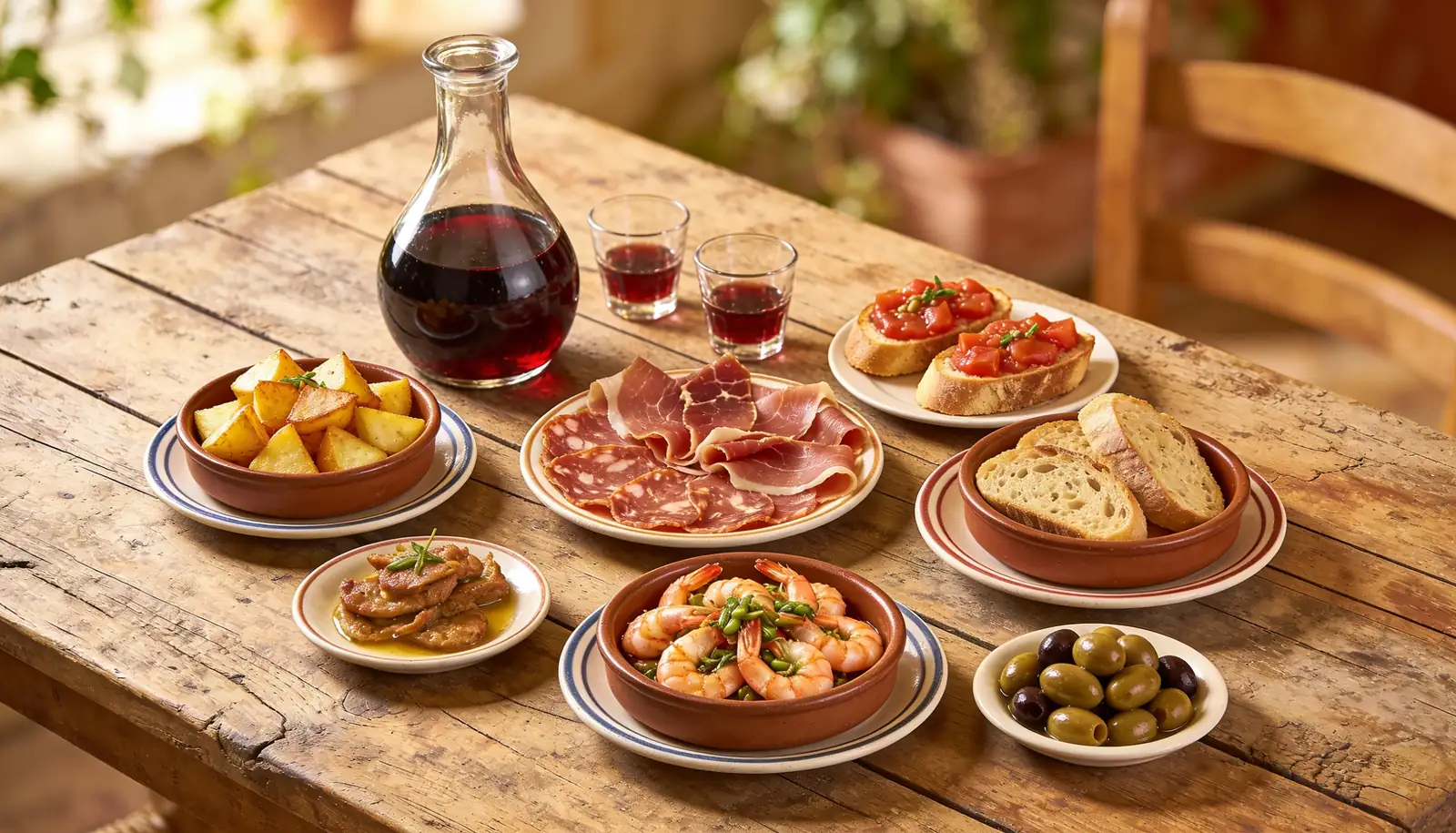 Een Spaanse tapasselectie met patatas bravas, jamon en gambas al ajillo, symbool voor een privechef die voor gasten kookt