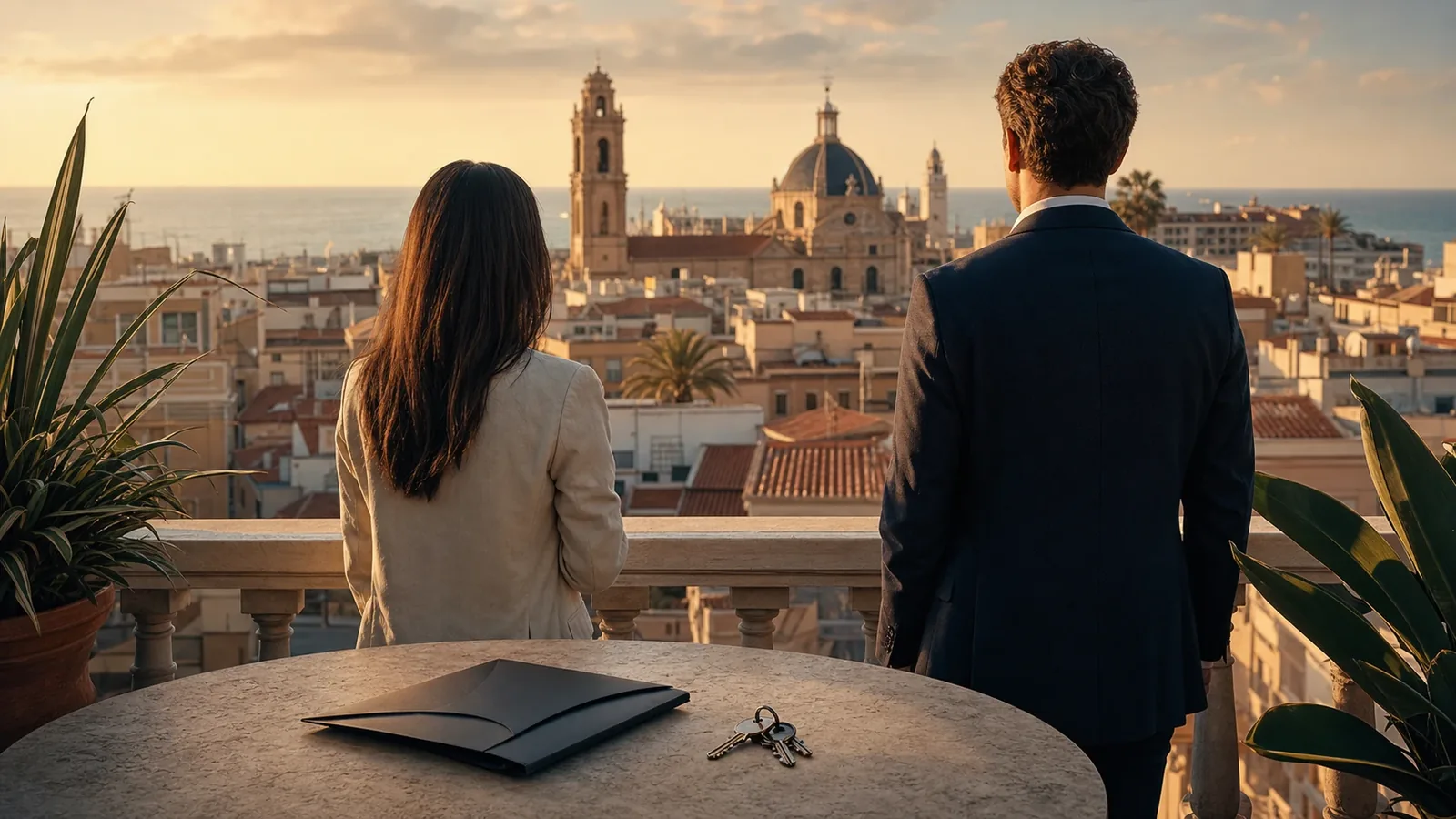 A couple with a lawyer's folder and keys on a Valencia balcony overlooking the cathedral and the sea