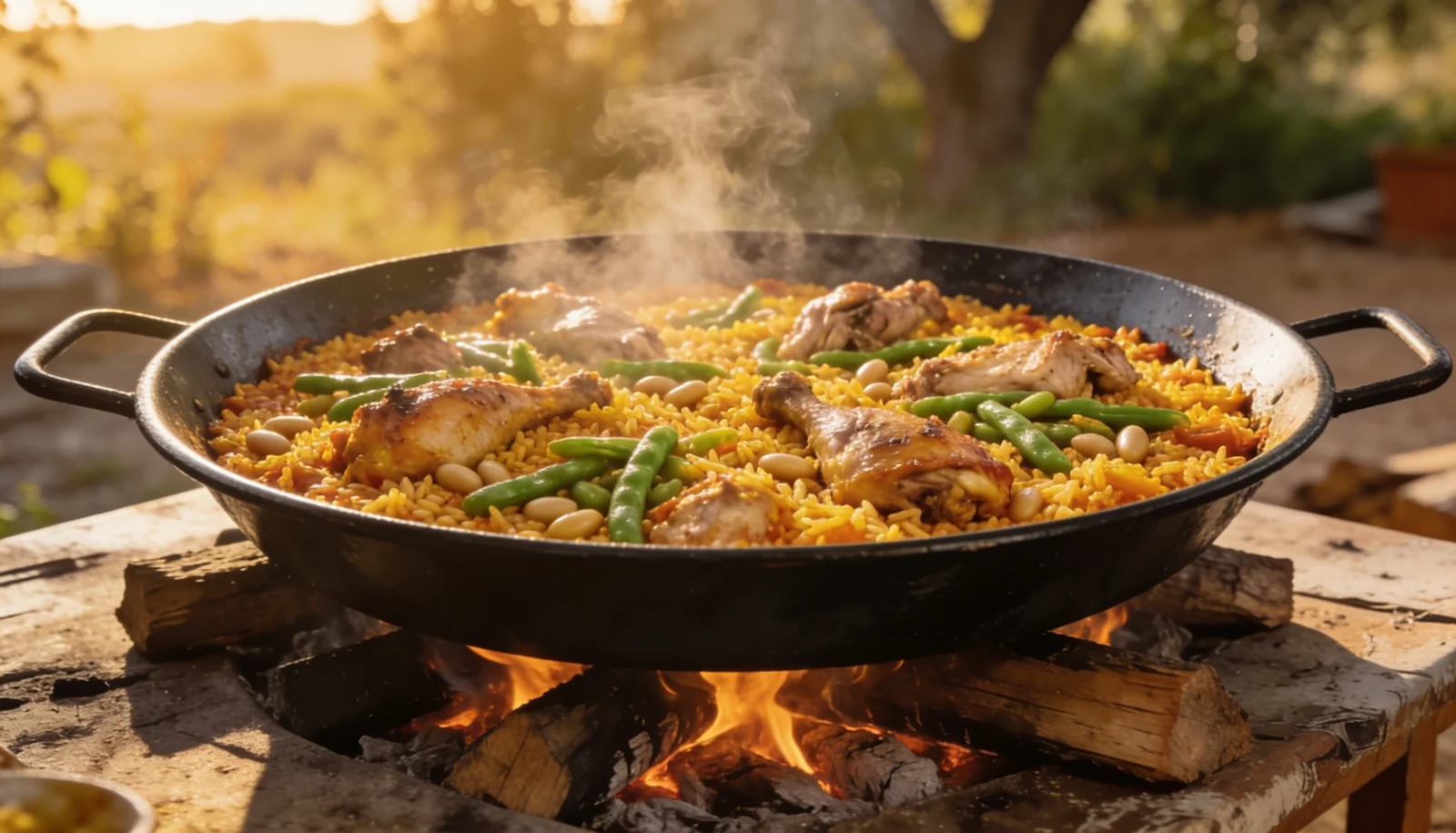 A black steel paella pan with traditional paella valenciana, evoking a Spanish private chef in Valencia