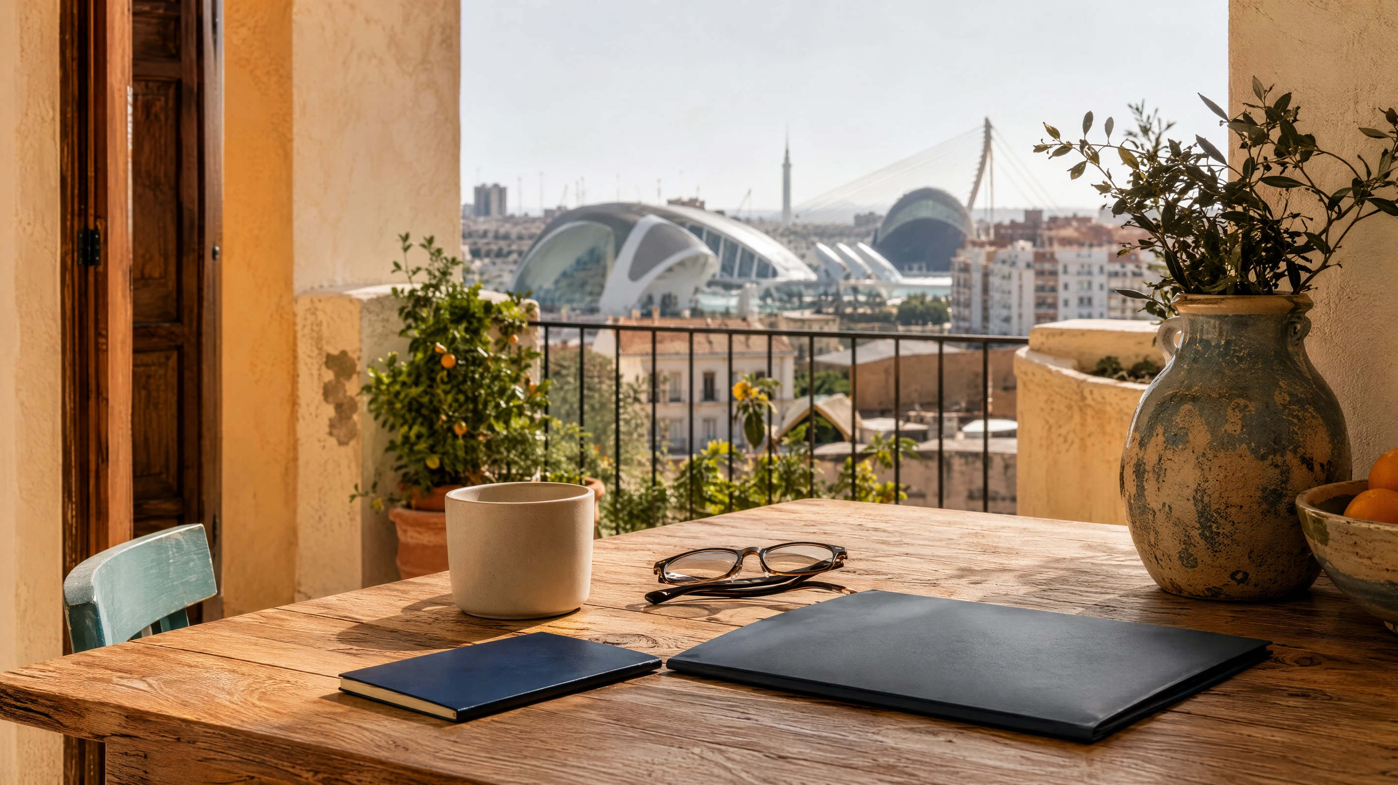 Sunlit Valencia terrace still life with a blank dark blue booklet, closed financial folder, glasses and a ceramic cup, with the City of Arts and Sciences in the background