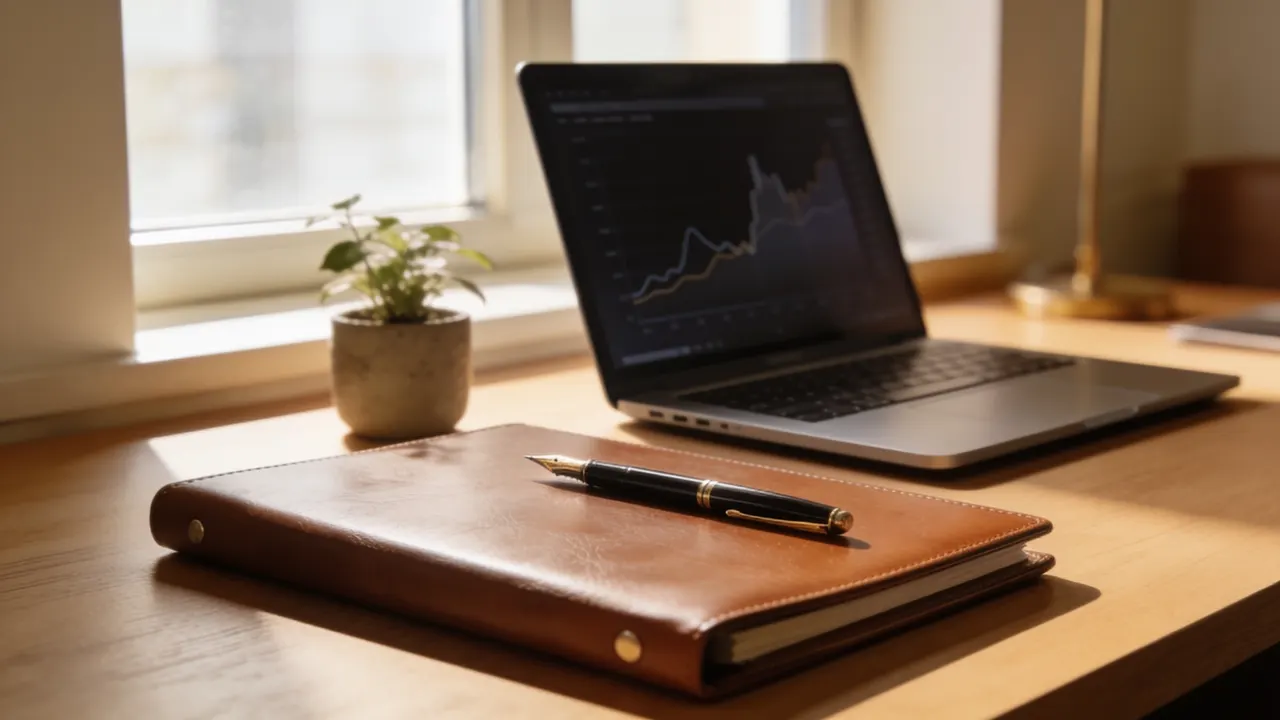 Leather portfolio, fountain pen and laptop showing a wealth chart on a sunlit desk, evoking patrimonial advisory